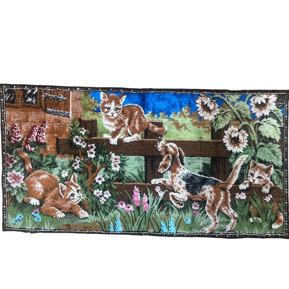 Vintage Velvet Tapestry Kittens Beagle Dog Garden Wall Hanging 38x19 Retro Decor